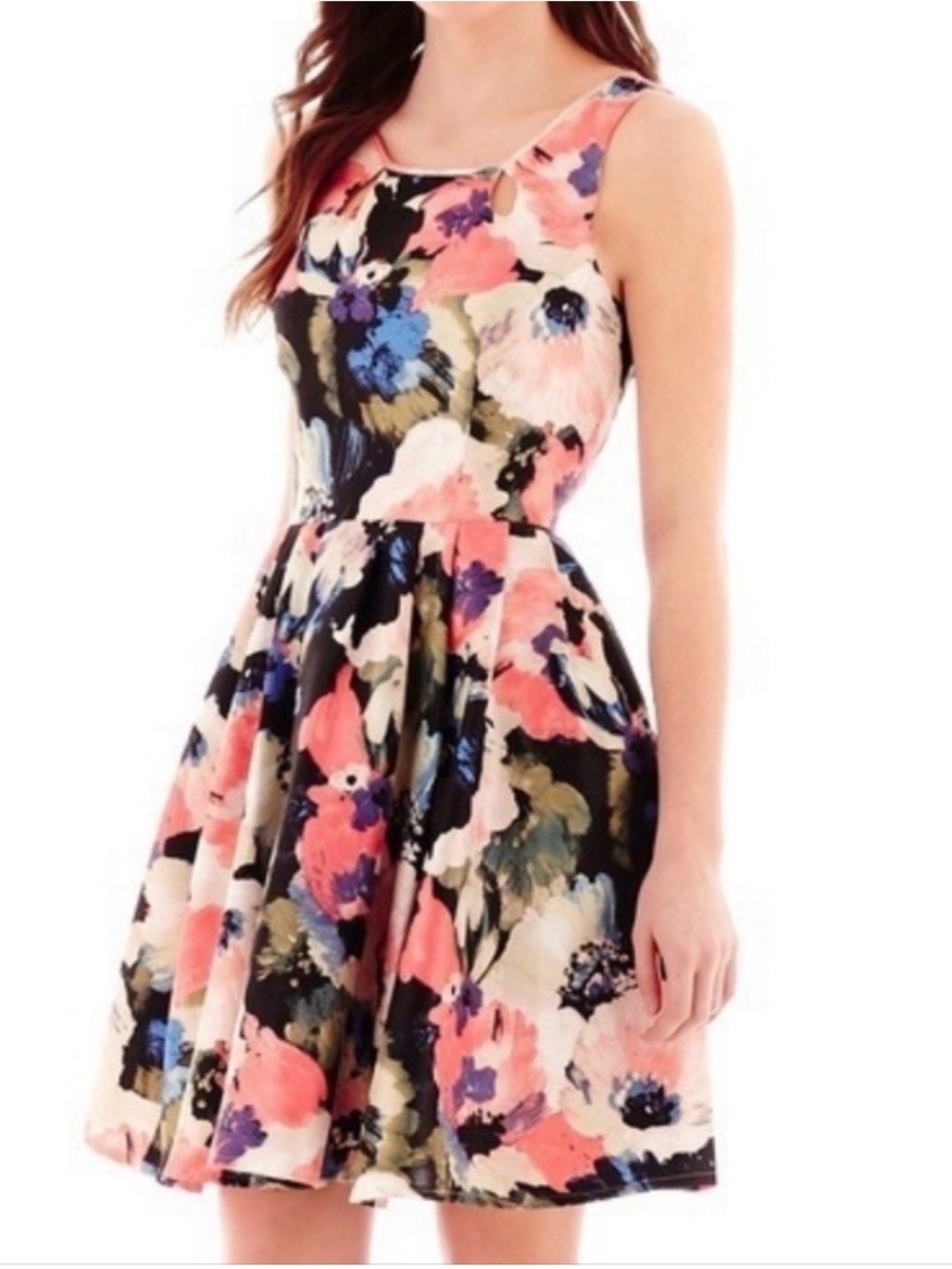 Danny & Nicole Coral, Black & Blue Floral Fit-and-Flare Dress